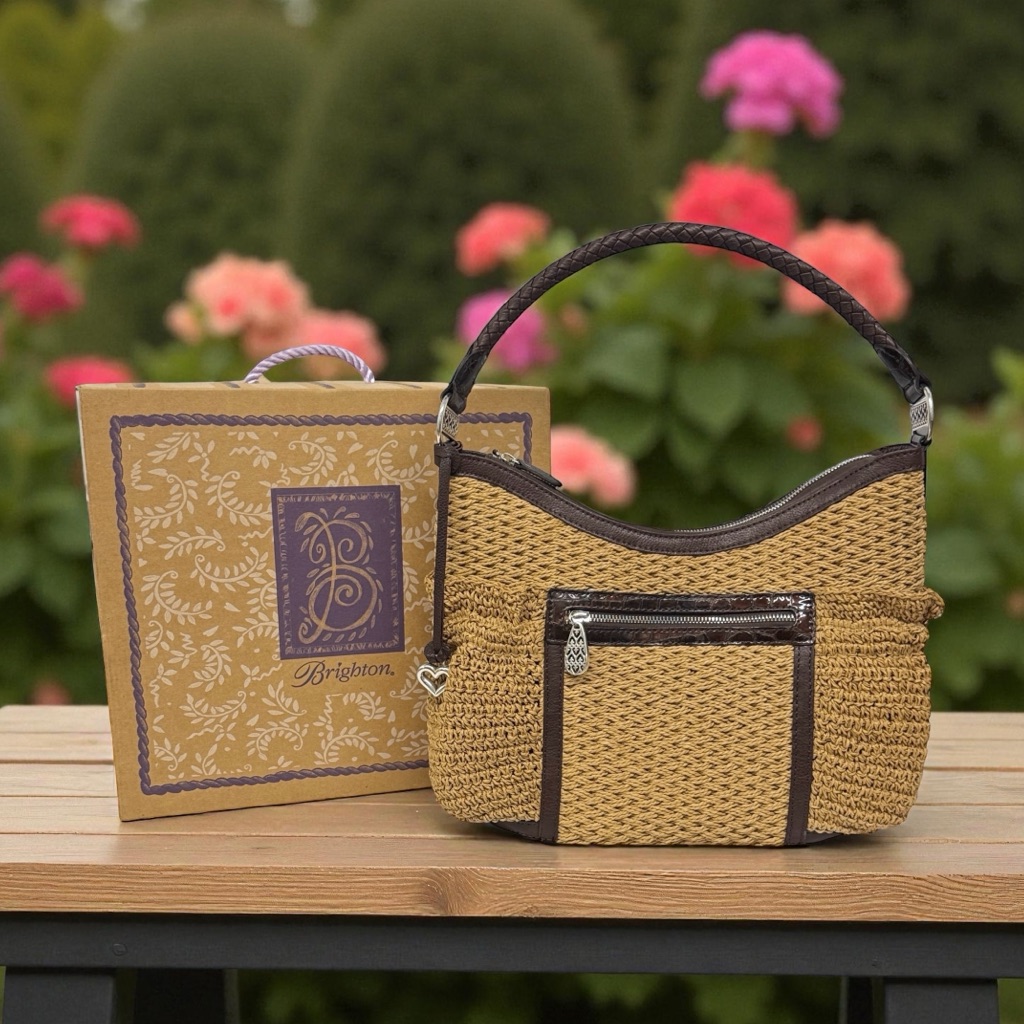 Brighton Brown Tan Woven Weave Jute/Braided Leather Handle Hobo Bag Purse W/Box